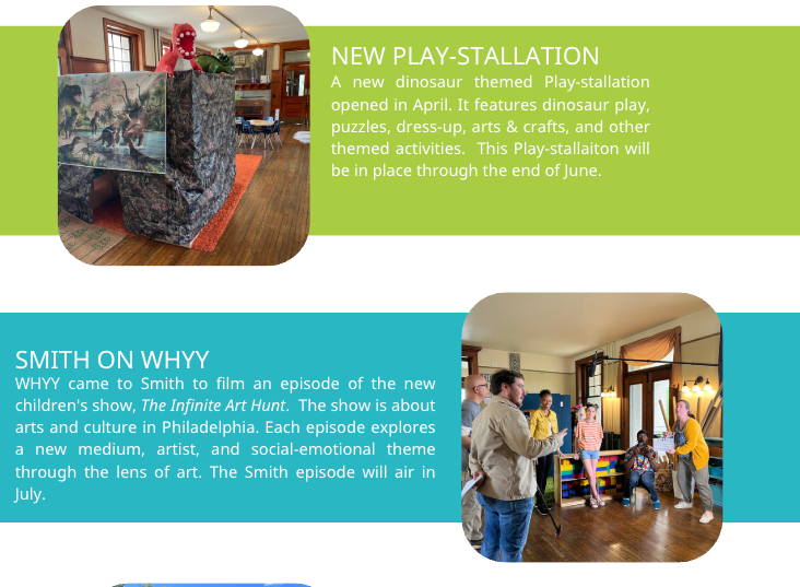 Collage of a green “New Play-Station” sign, a stone sculpture, and children in a playroom