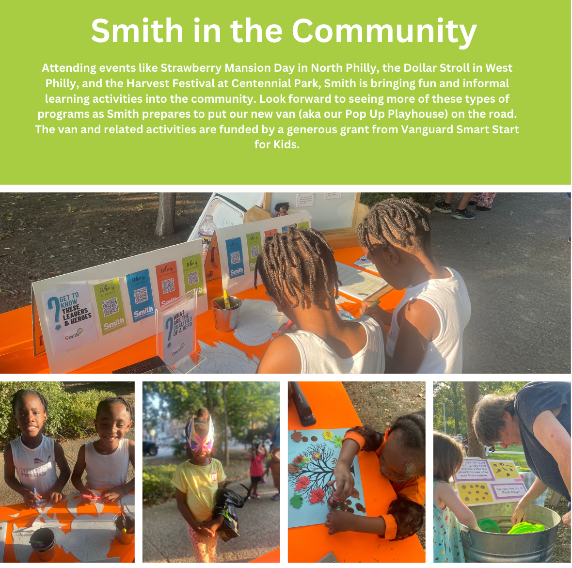 Community bulletin titled “Smith in the Community” with children painting and posing outdoors at a colorful event