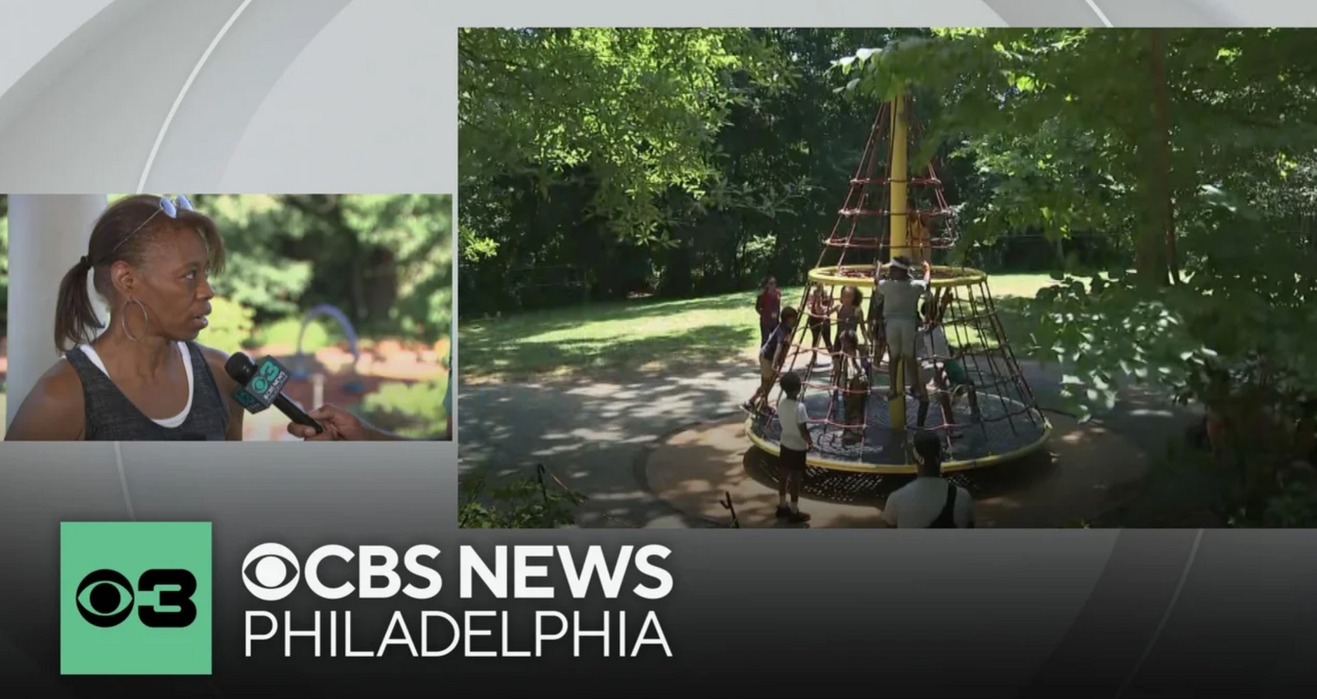 CBS News Philadelphia split-screen: reporter at left, children around a playground carousel at right