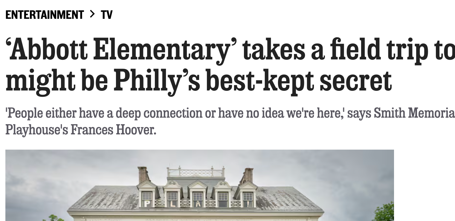 Newspaper headline about “Abbott Elementary” taking a field trip to a Philadelphia mansion; photo of house roofline