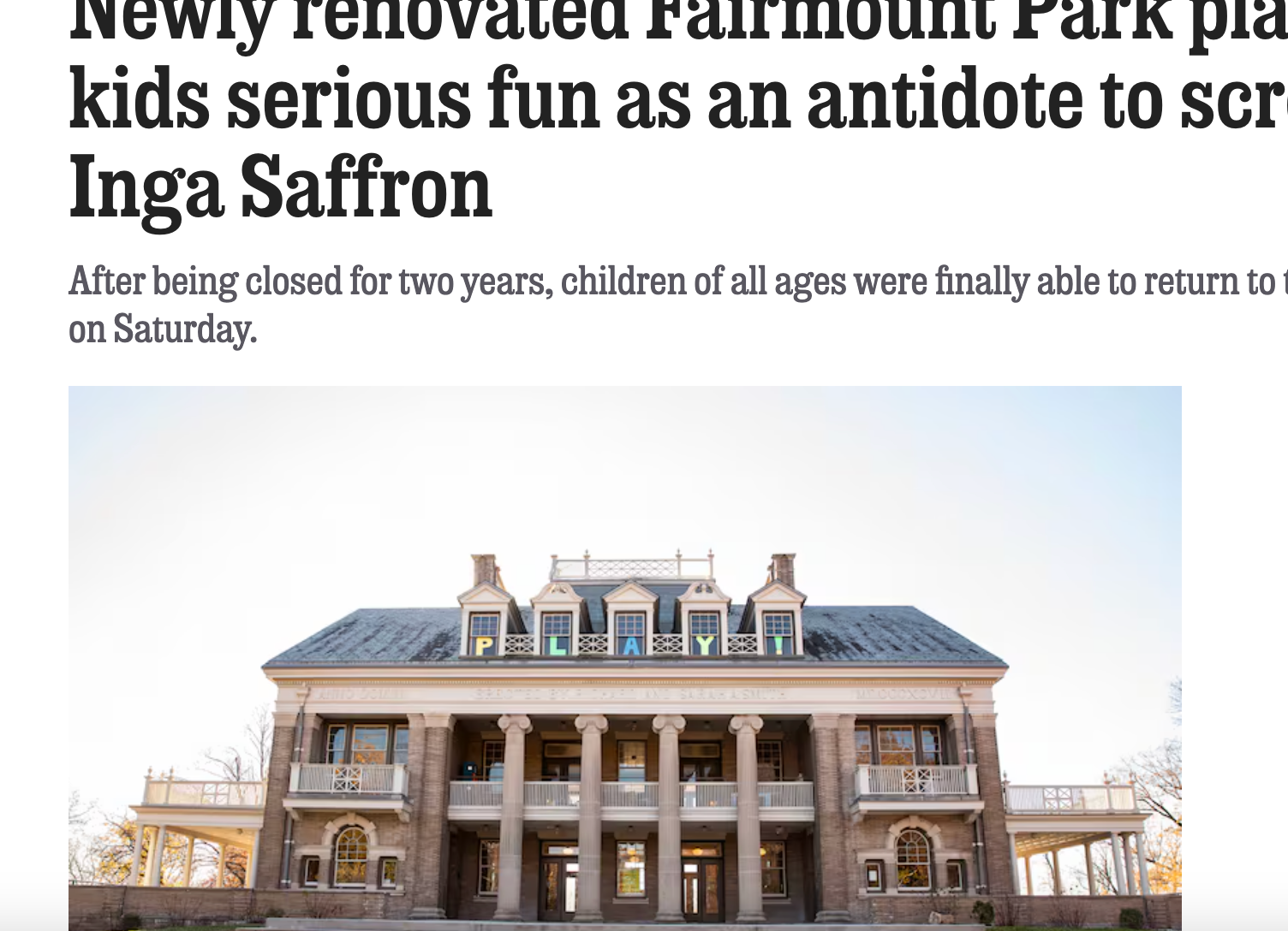 Fairmount Park kids area renovated, featuring a historic building with columns and a rooftop pavilion
