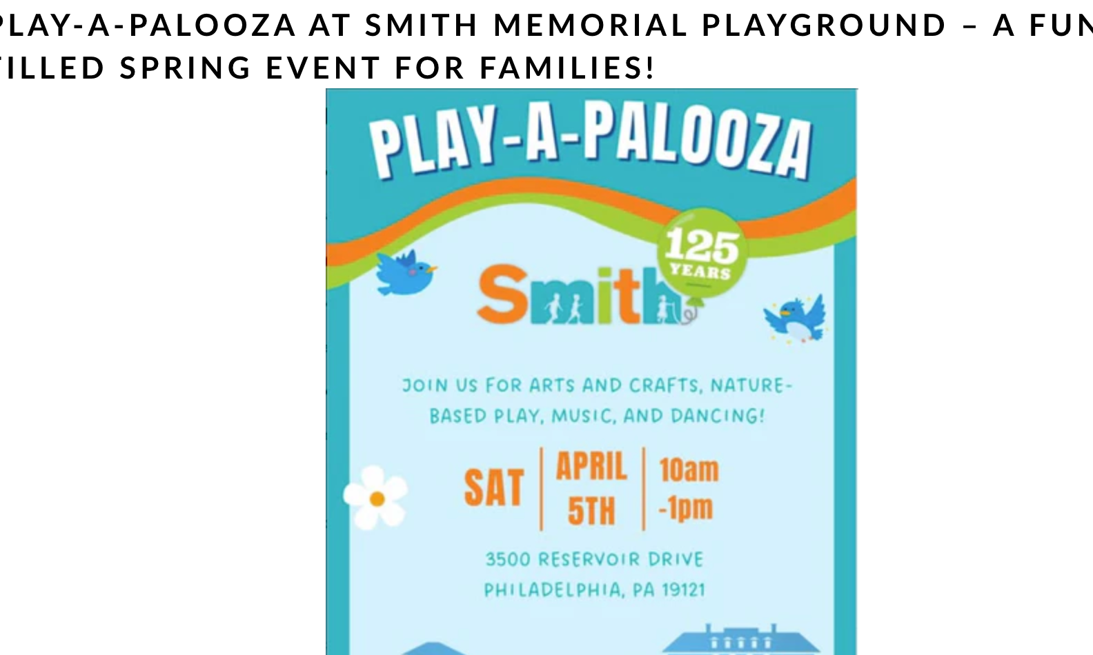 Play-a-palooza Smith Memorial Playground spring family event flyer with blue sky and colorful bunting