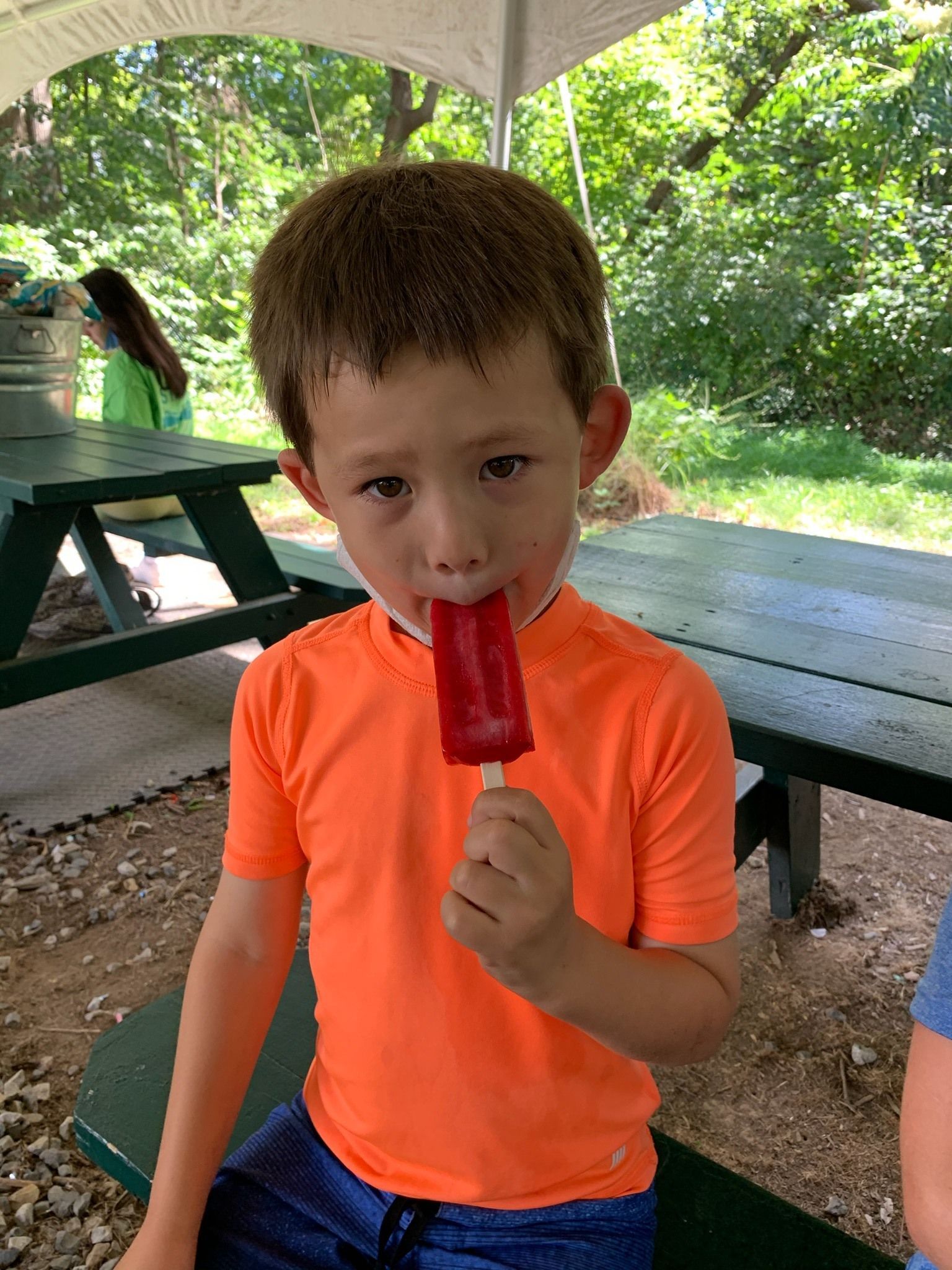 Child in bright orange shirt eating a red popsicle at a picnic table under a pavilion.