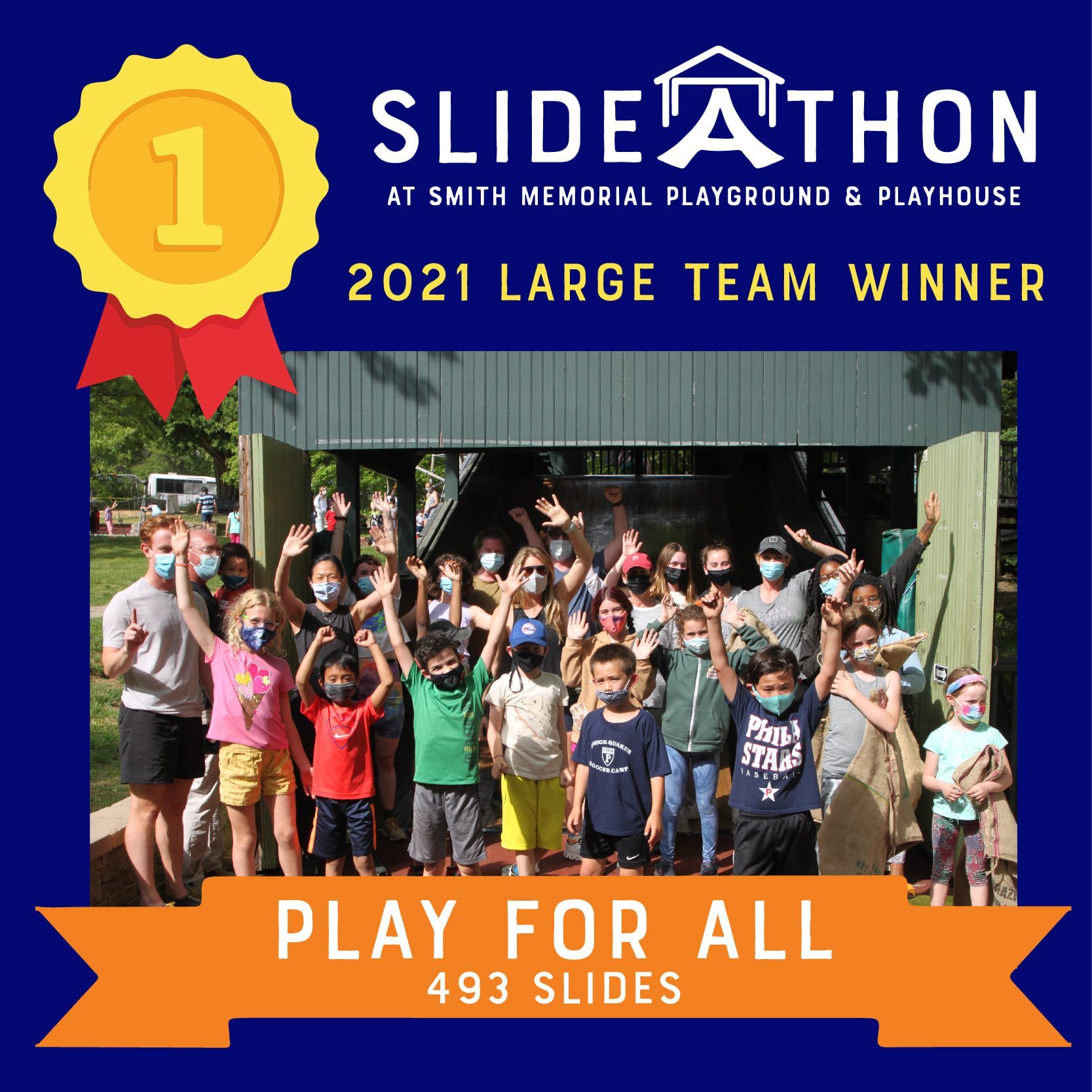 Slideathon award graphic with cheering crowd, “2021 Large Team Winner” and “Play for All, 493 Slides”