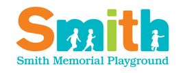 Smith Memorial Playground logo with orange and teal text and two child figures