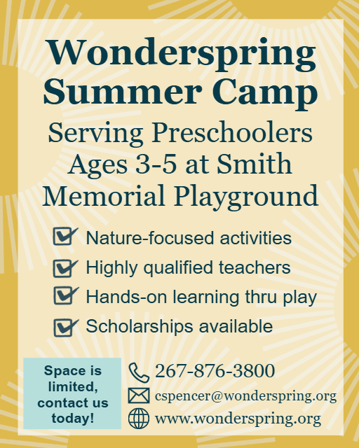 Wonderspring Summer Camp flyer with yellow plaid background, camp details, and contact information.
