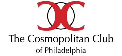 Logo for The Cosmopolitan Club of Philadelphia with intertwined red Cs and black text
