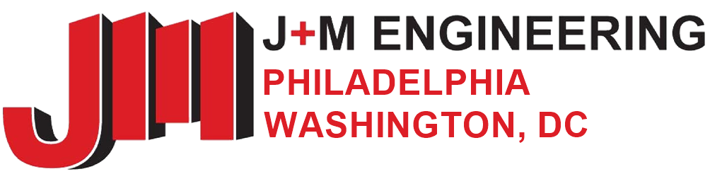 J+M Engineering logo in red and gray with Philadelphia, Washington, DC text