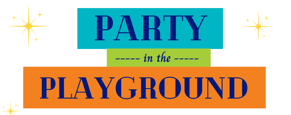 Party in the playground text in blue, teal, and orange with sparkles on a white background