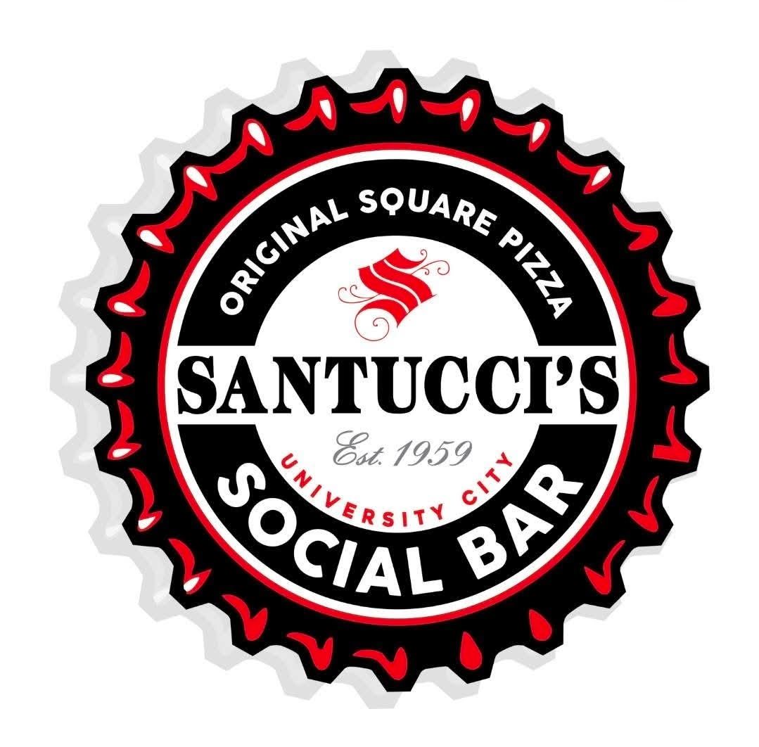Santucci’s Social Bar logo: black and red circular pizza emblem with white center text.