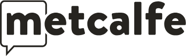 Black-and-white Metcalfe wordmark with a speech-bubble icon on the left