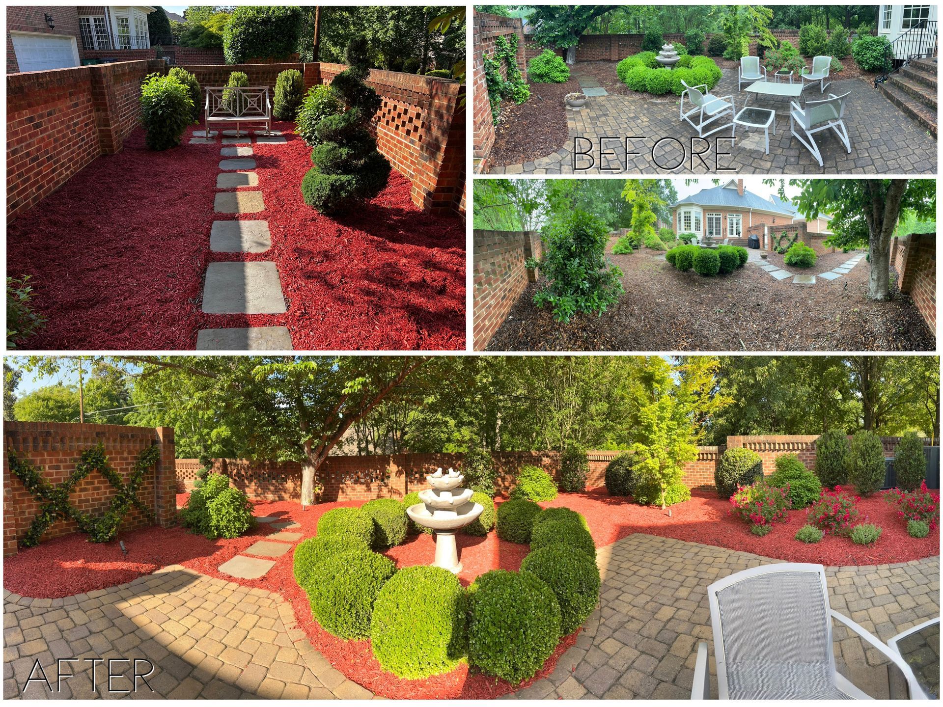 A brick patio garden with fountain, red mulch, brick walls, and manicured greenery.