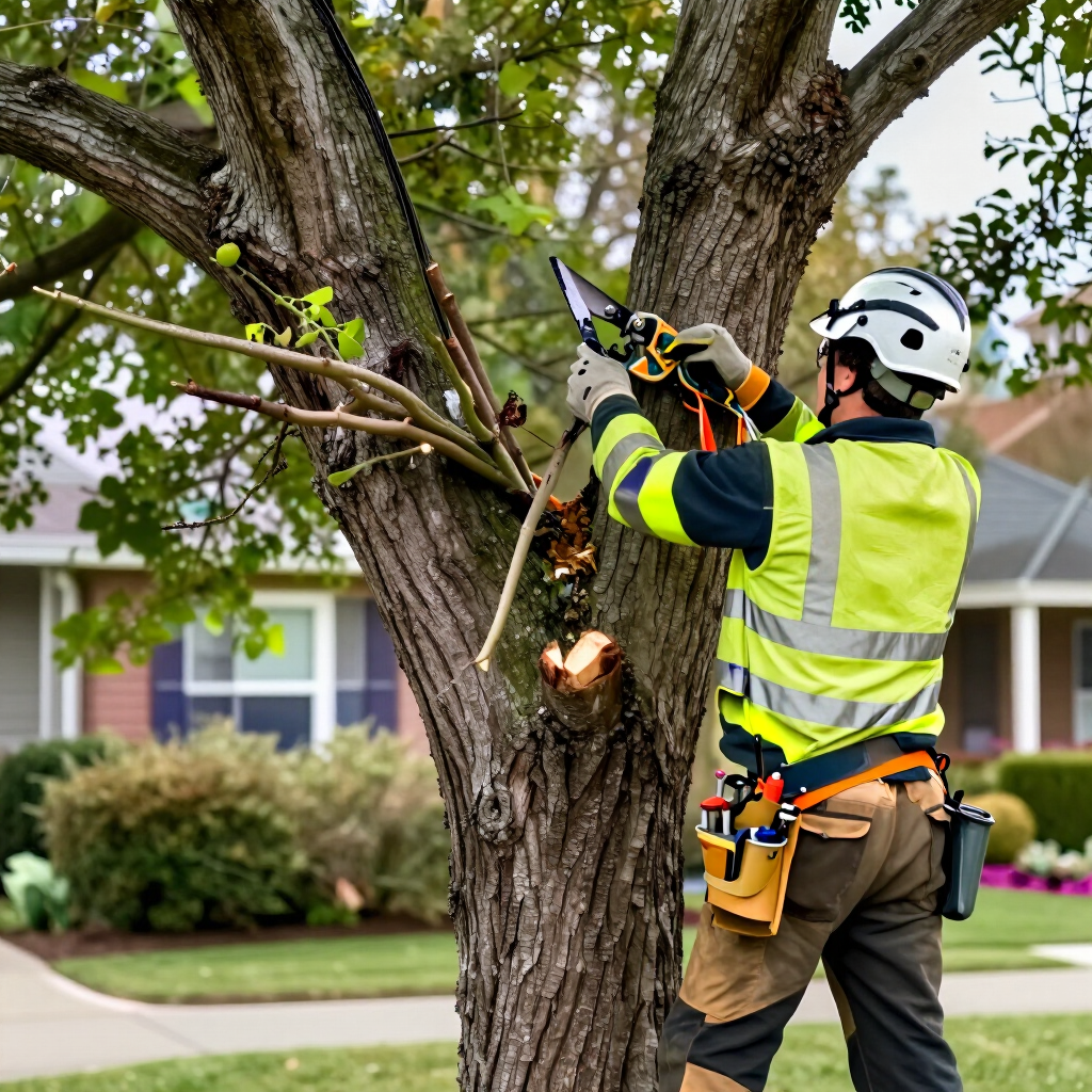 Worker in neon safety vest trimming a tree with a chainsaw in a suburban yard