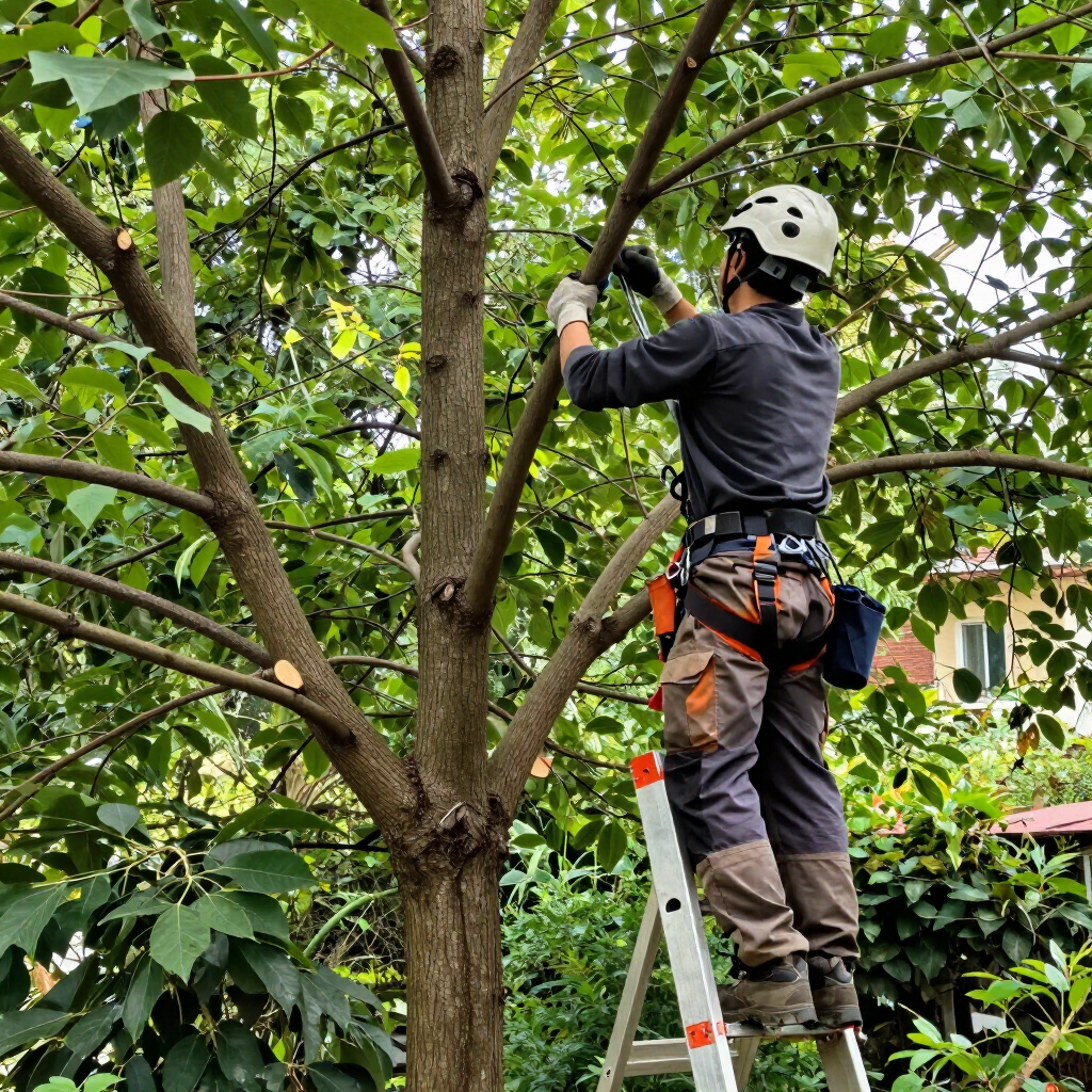 Worker on a ladder pruning branches in a leafy tree with a pole saw