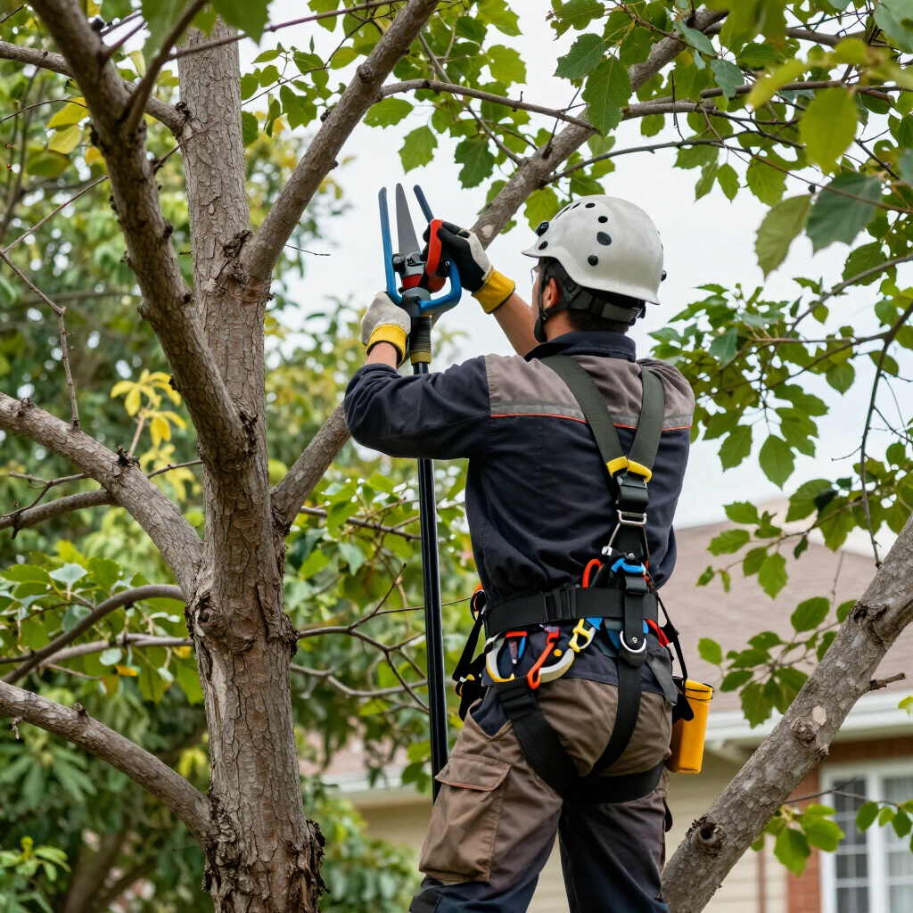 Arborist in safety gear pruning tree branches with pole saw and ropes outdoors