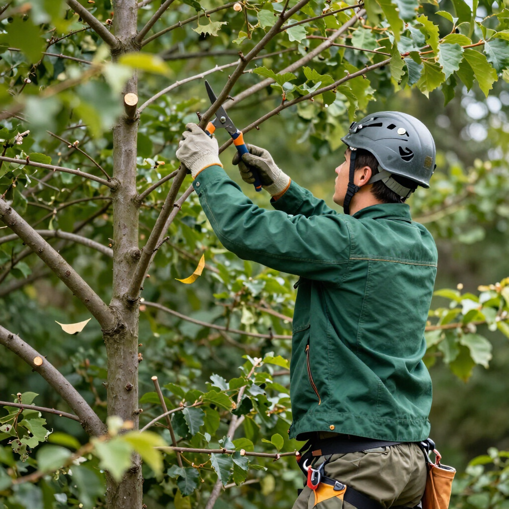 Arborist in helmet pruning tree branches with shears in a leafy orchard