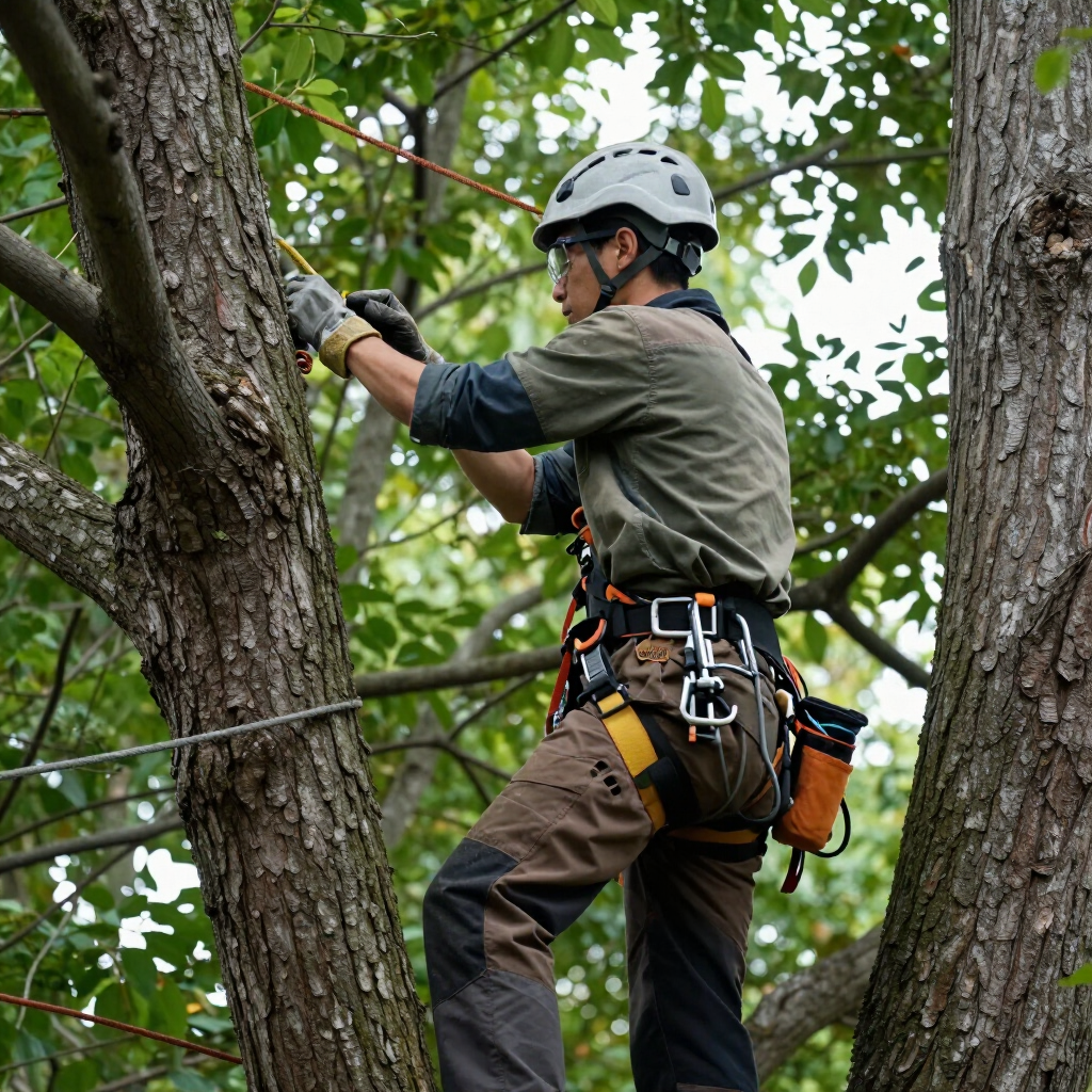 Tree climber in a helmet and safety harness working among leafy branches outdoors