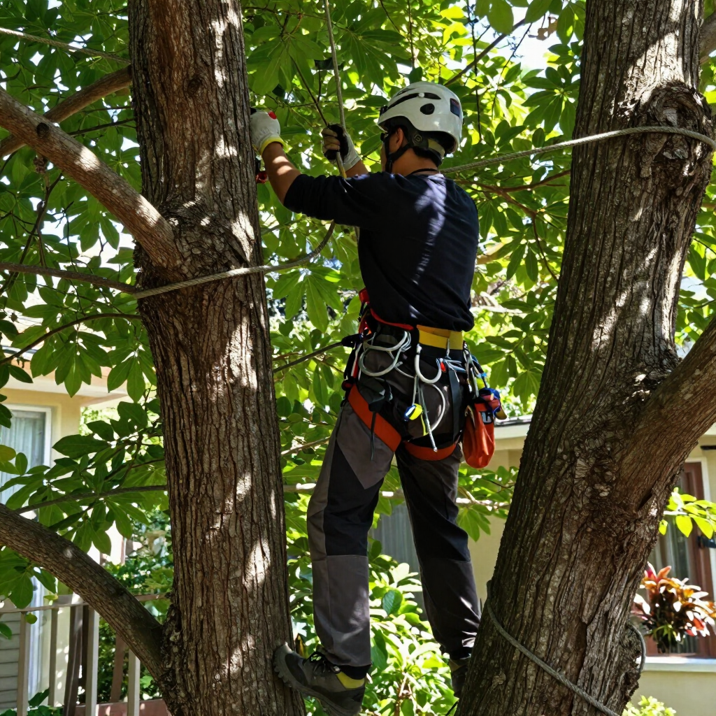 Tree worker in a helmet and harness climbing a leafy tree with safety ropes.