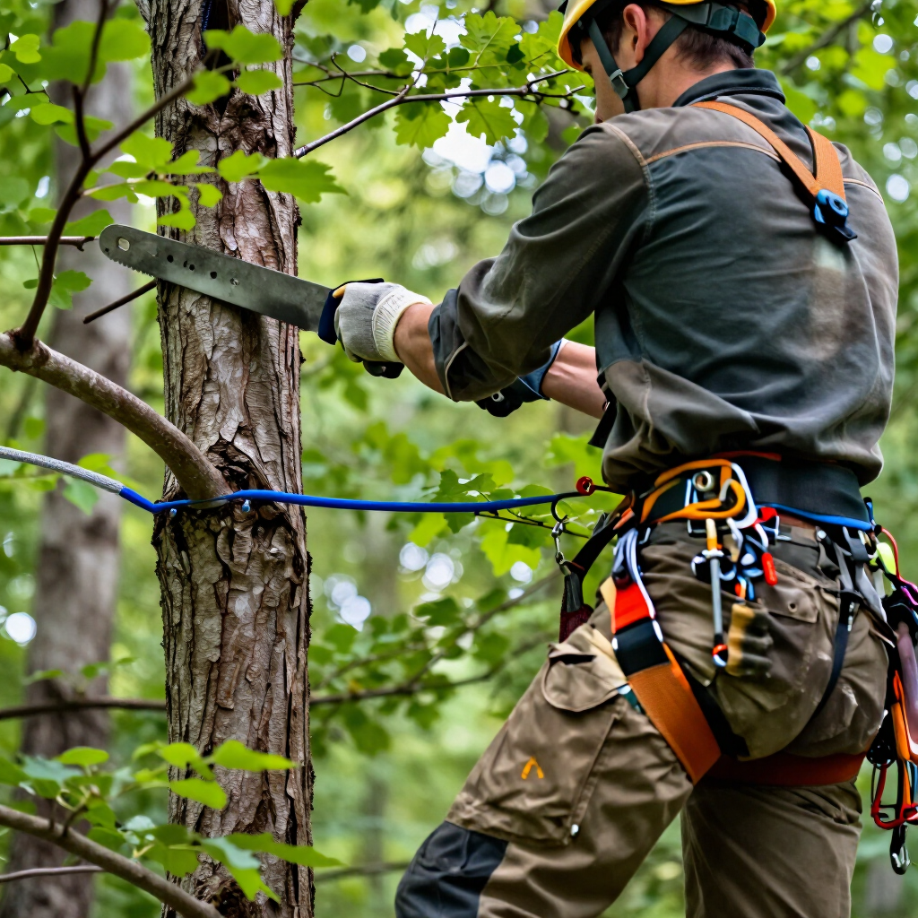 Arborist trimming a tree branch while secured in a harness and helmet among green leaves