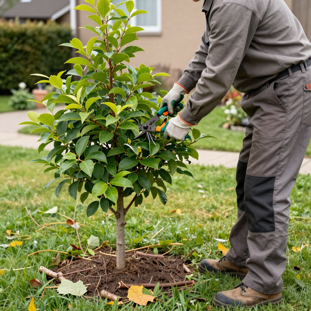 Person pruning a small tree in a suburban yard with garden shears