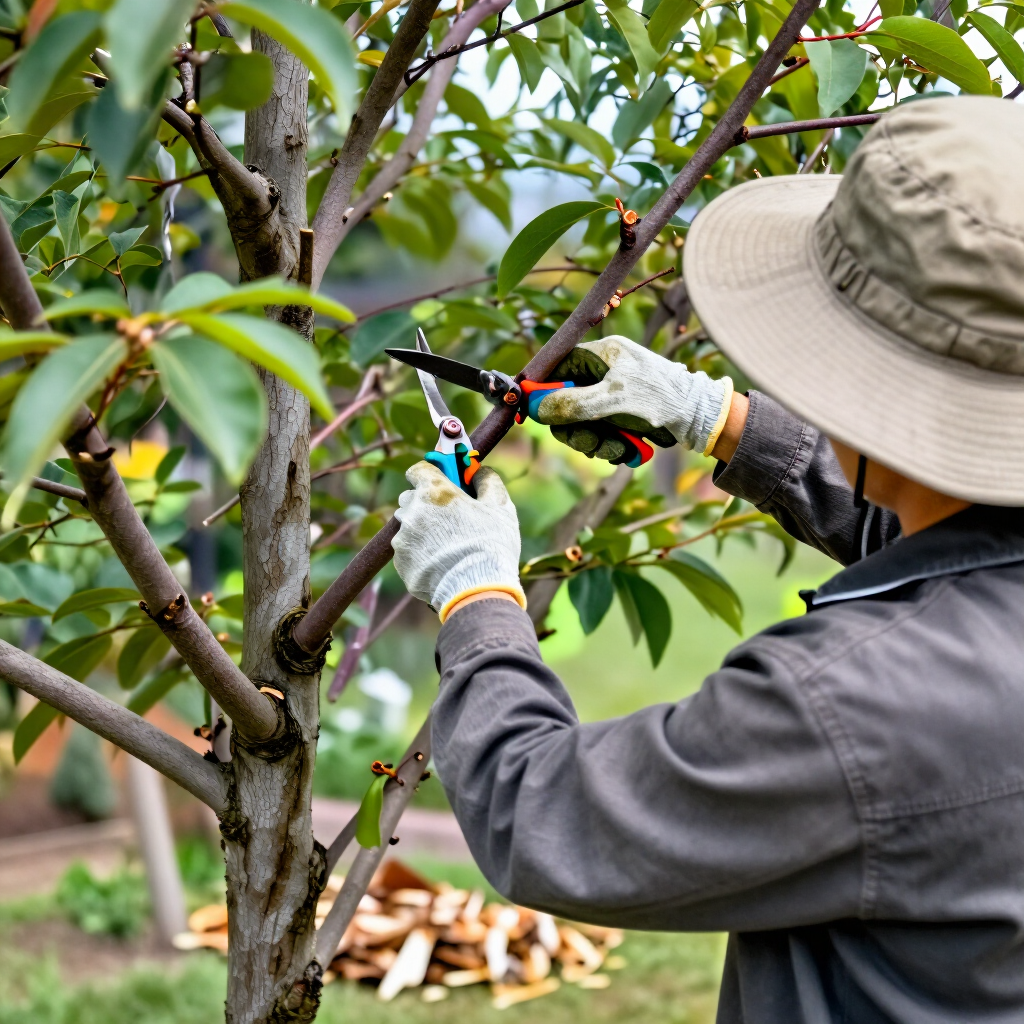 Gardener pruning a young tree with shears in an orchard, wearing gloves and a wide-brim hat