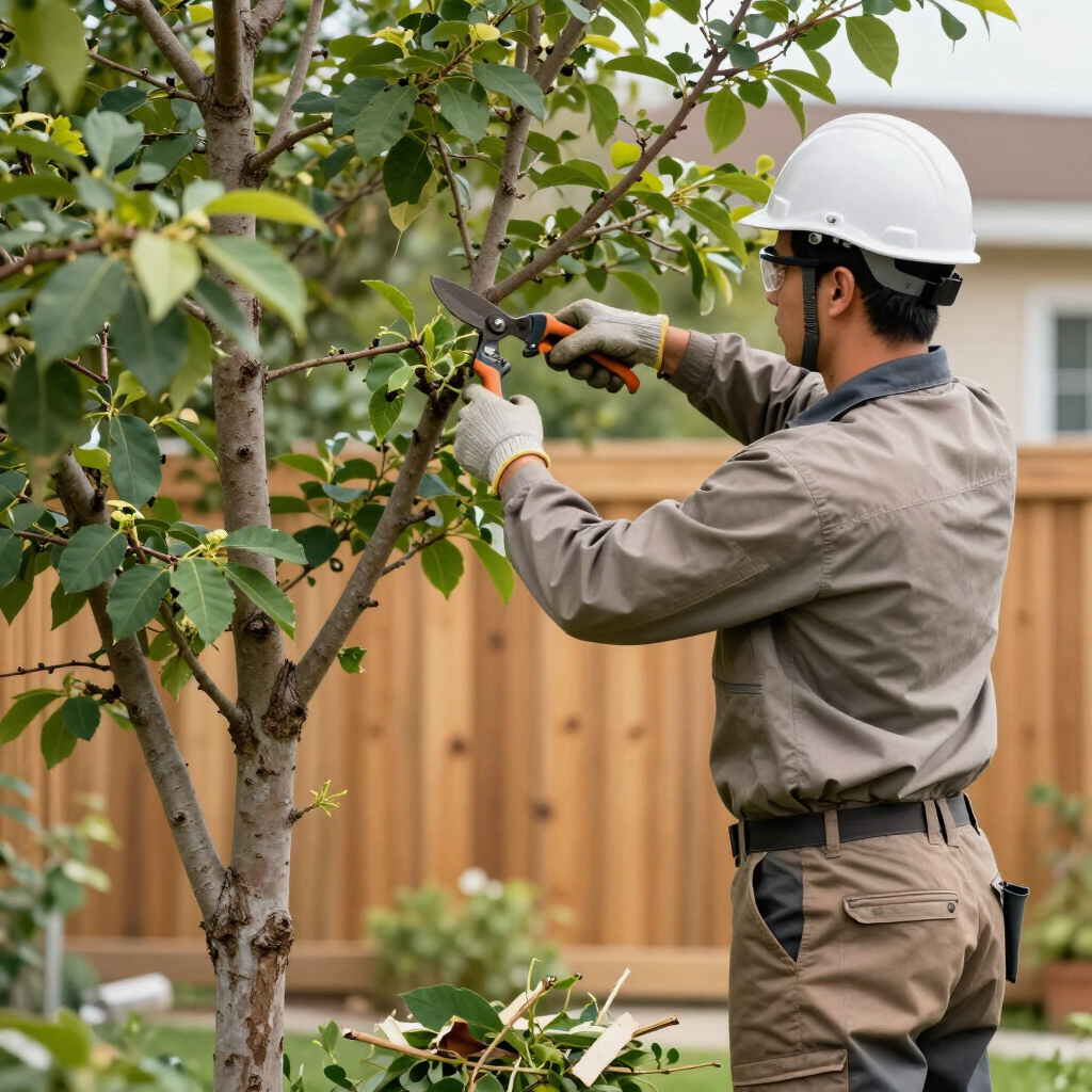 Worker pruning a tree with hedge shears in a backyard, wearing a white hard hat and gloves.