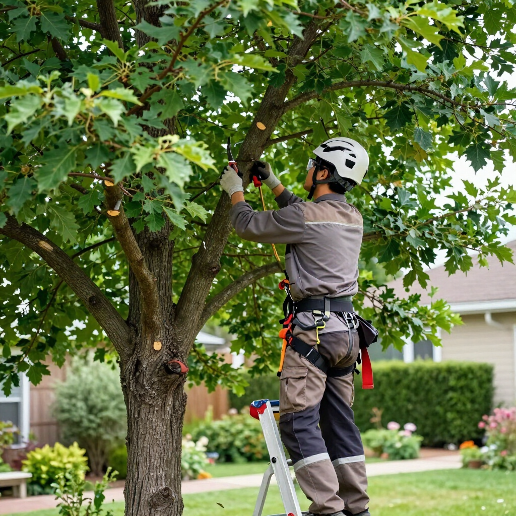 Arborist trimming a tree on a ladder in a suburban yard