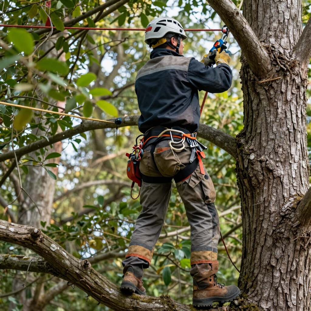 Arborist in helmet and harness trimming branches while standing on a tree trunk