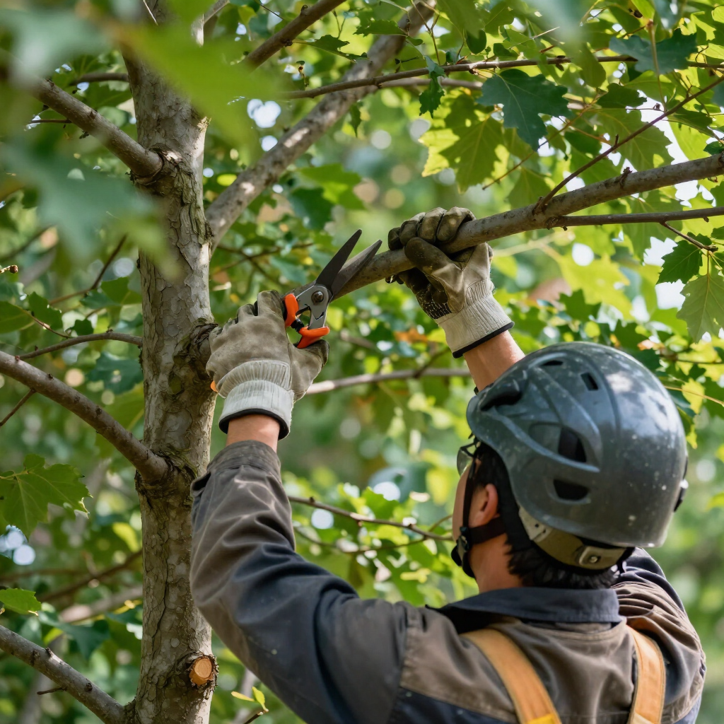 Worker in helmet and gloves pruning tree branches with shears outdoors