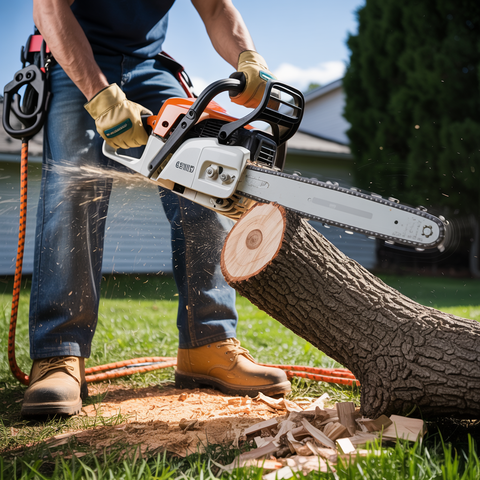 An arborist wearing safety gear uses a chainsaw to trim a tree branch from a yellow aerial lift bucket.