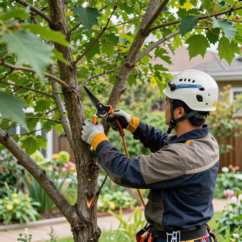 Worker in helmet pruning tree branches with shears in a leafy yard