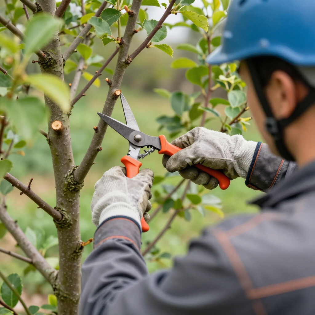 Person pruning tree branches with shears while wearing gloves and a blue helmet outdoors