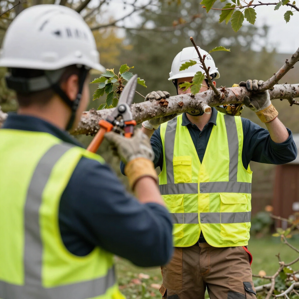 Two workers in safety vests and helmets cutting a fallen tree branch outdoors