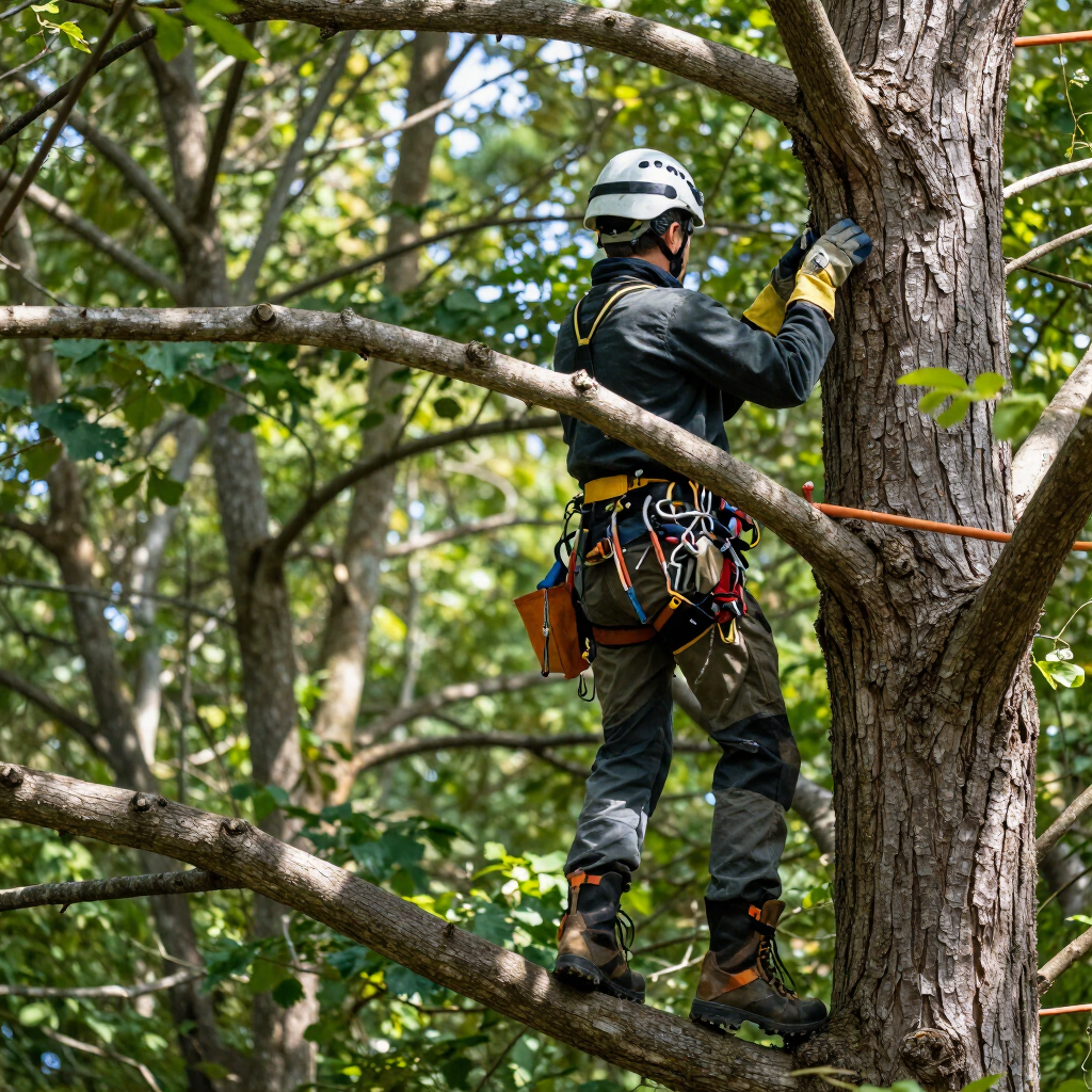 Arborist in helmet and safety gear climbing a tree with ropes in a wooded area