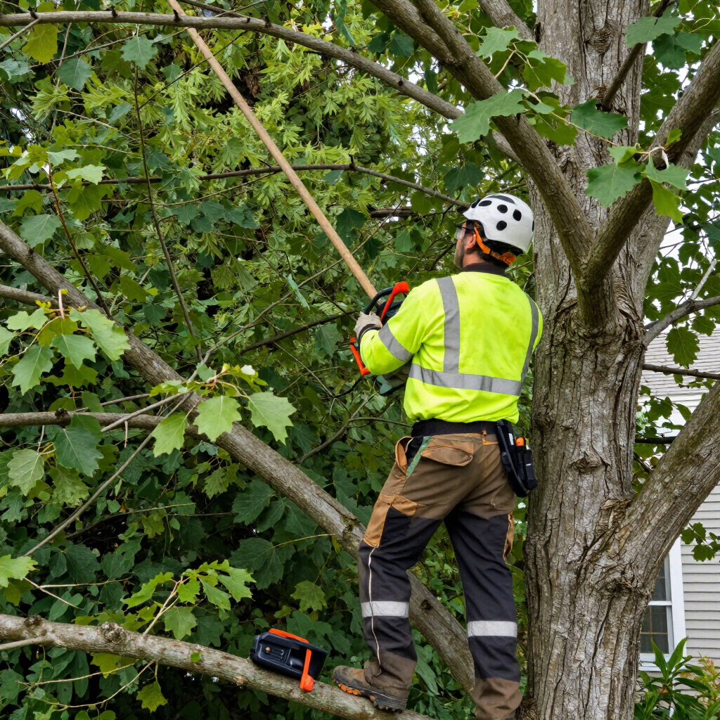 Arborist in neon vest and helmet trimming tree branches with a chainsaw outdoors