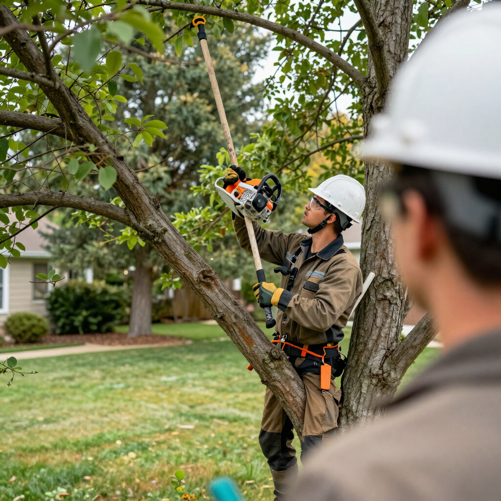 Arborist in white hard hat trimming tree branches with a pole saw in a suburban yard