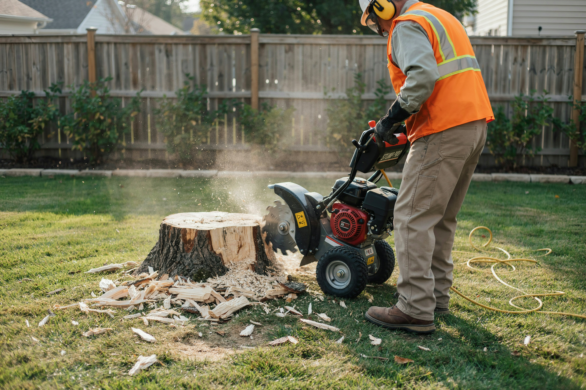 Worker using a stump grinder on a tree stump in a yard, with wood chips flying