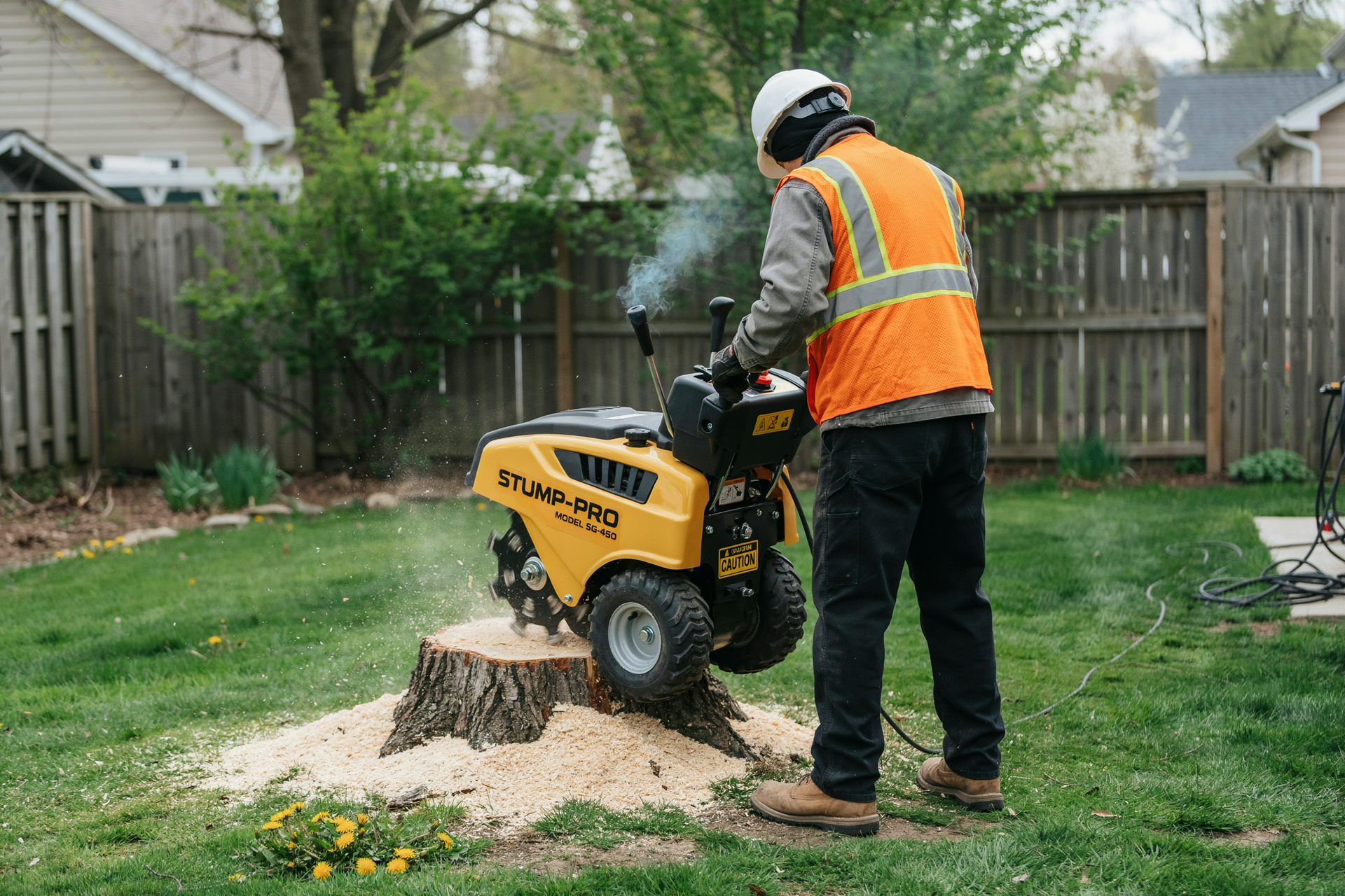 Worker in orange vest using a yellow wood chipper to mulch a tree stump in a backyard.
