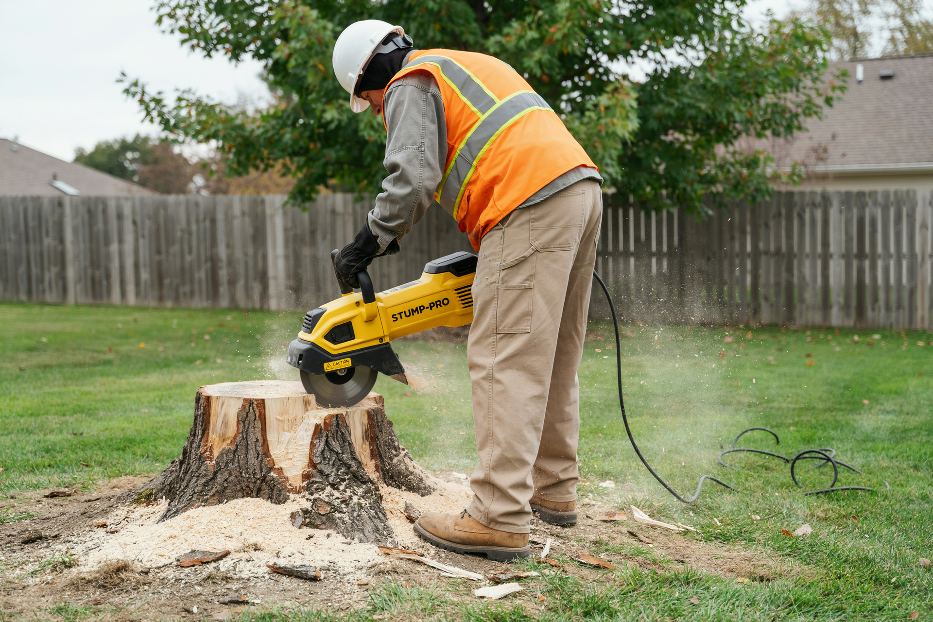 Worker cutting a tree stump with a chainsaw in a grassy backyard.