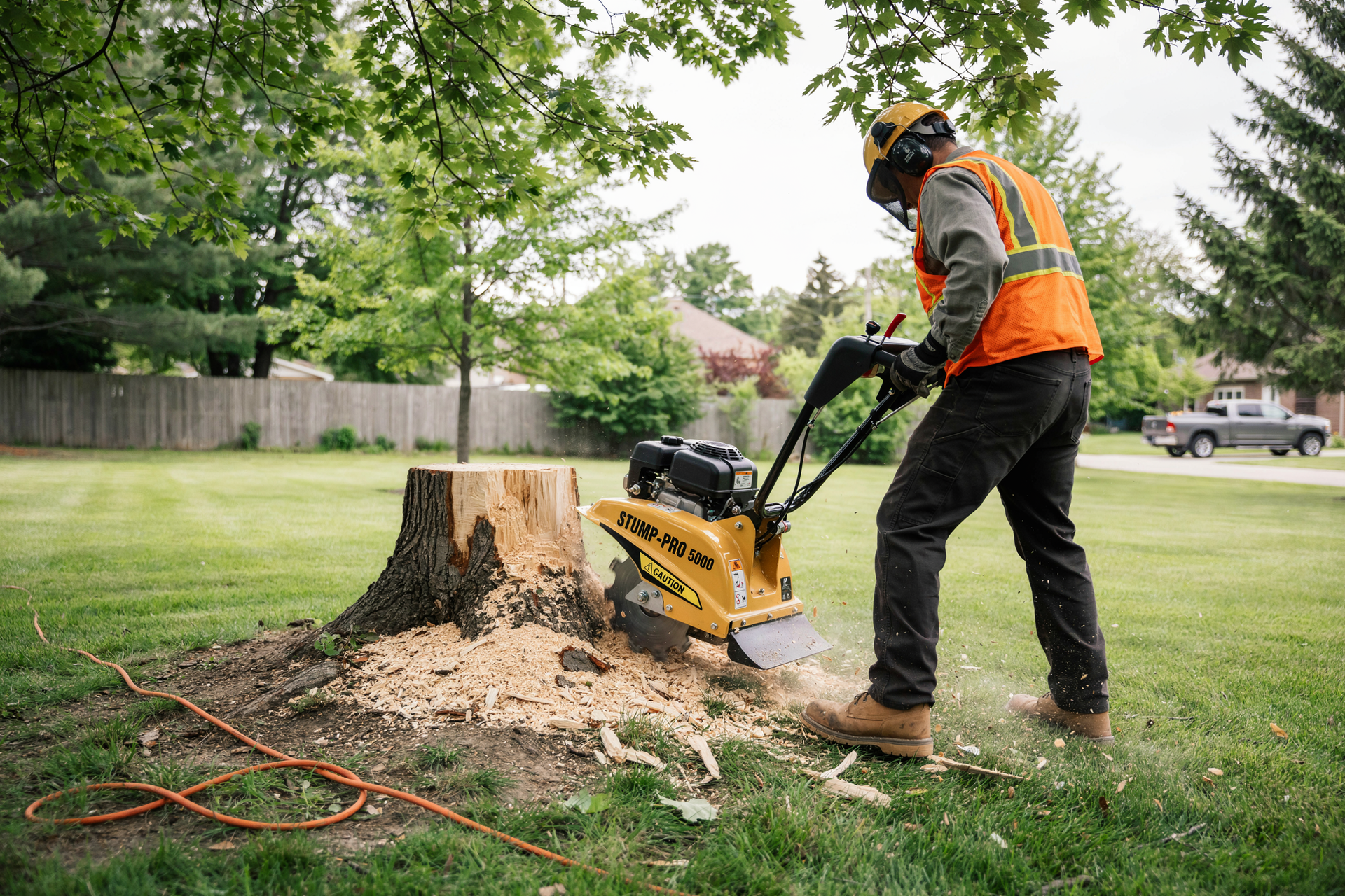 Worker in orange vest using a yellow stump grinder beside a tree stump in a grassy yard