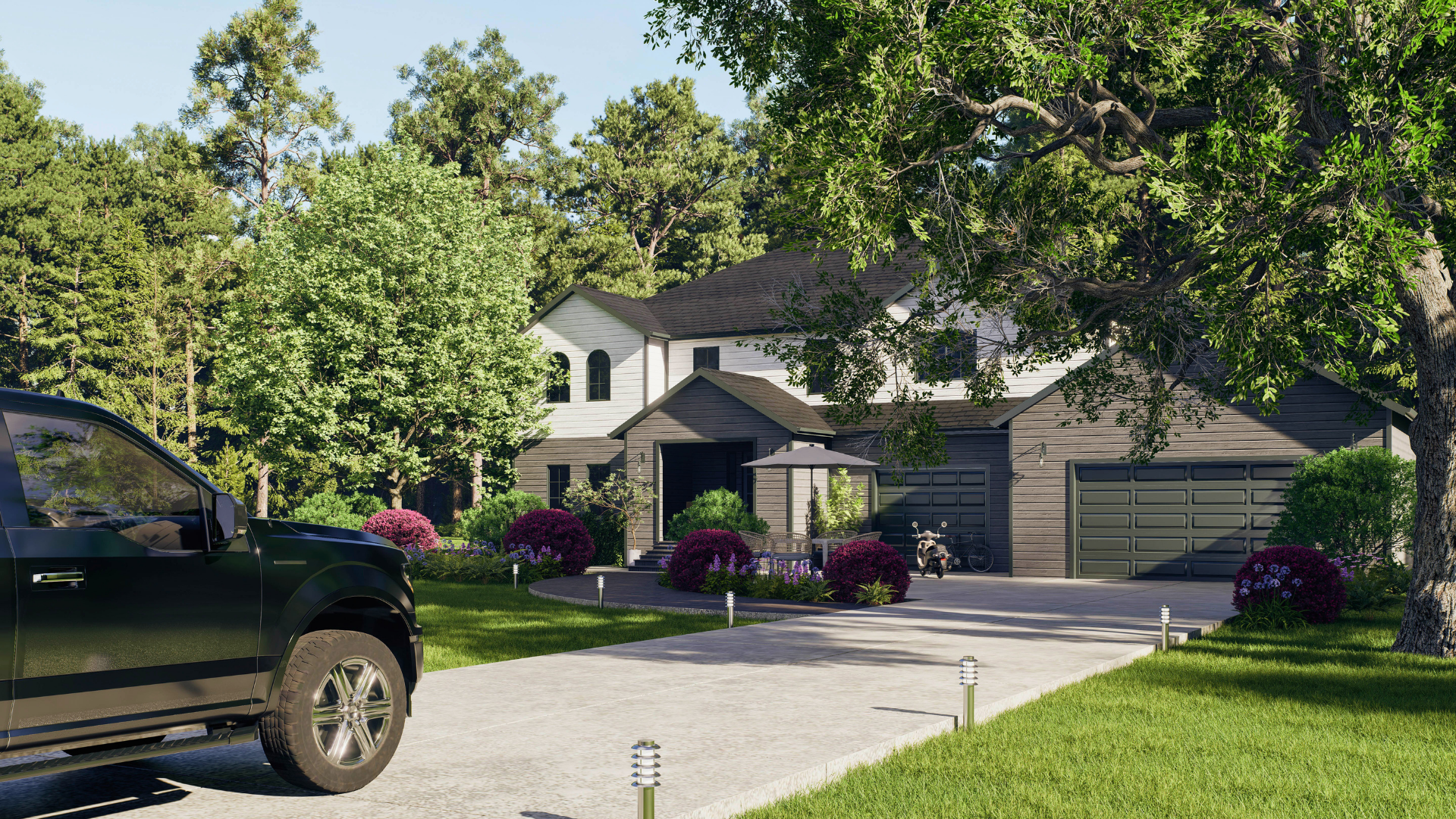 Suburban house with two-car garage, driveway, and black pickup truck in front, framed by green trees and lawn