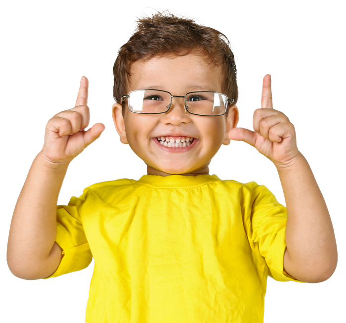 Smiling child with glasses wearing a yellow shirt, pointing upwards.