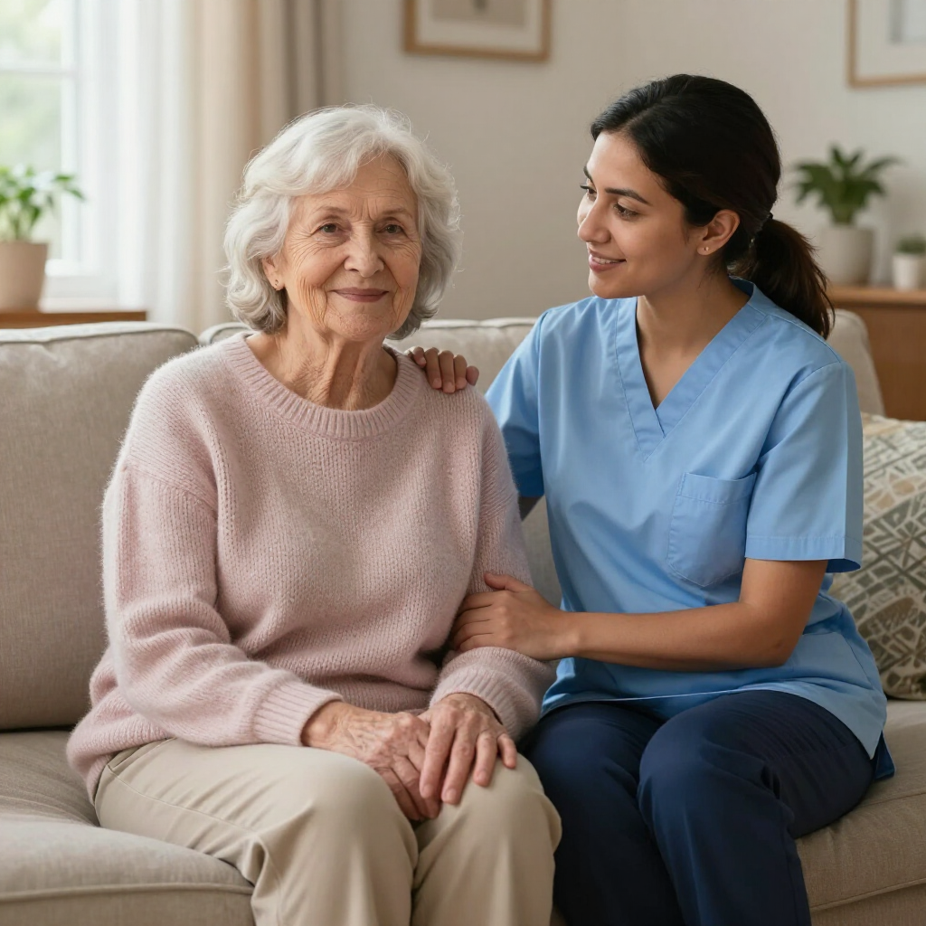 Una cuidadora con uniforme azul está sentada junto a una anciana en un sofá, sonriendo en una sala de estar.