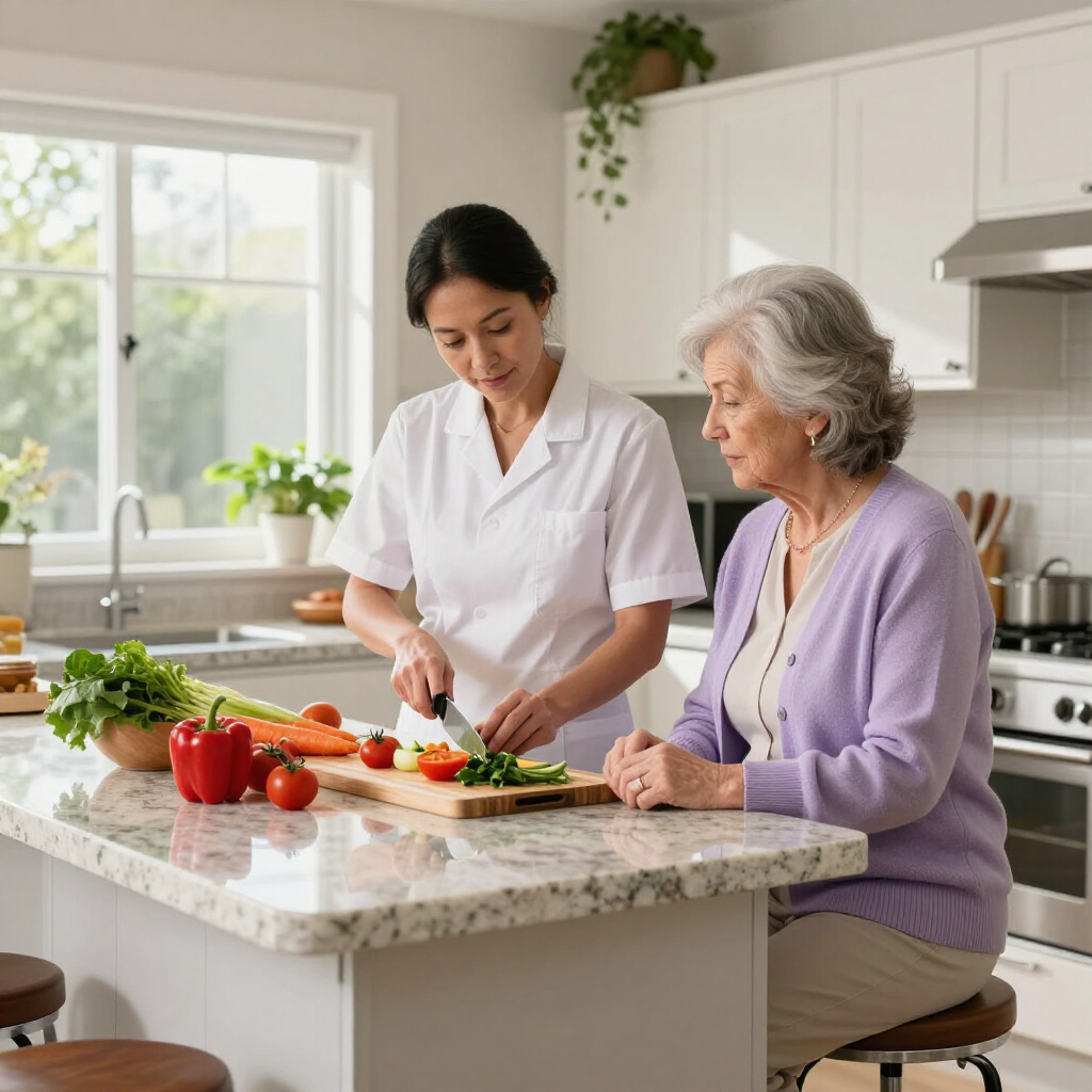 Mujer preparando verduras con una mujer mayor en una cocina luminosa.
