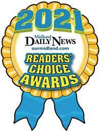 2021 Midland Daily News Readers' Choice Award seal: yellow, blue, text on a ribbon.