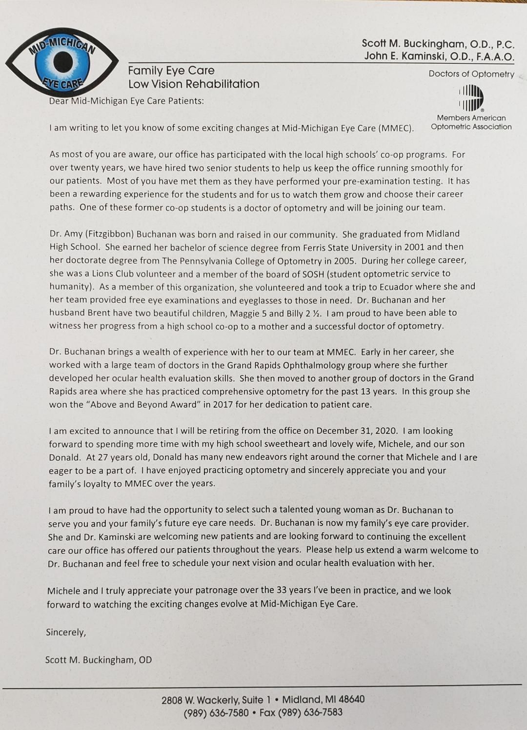 Retirement letter - Midland, MI - Mid-Michigan Eye Care Retirement letter - Midland, MI - Mid-Michigan Eye Care