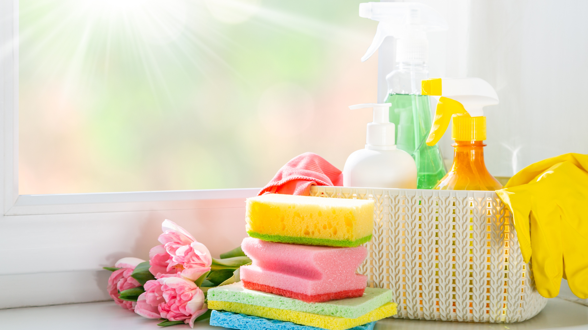 A basket filled with sponges , spray bottles , gloves and flowers on a window sill.