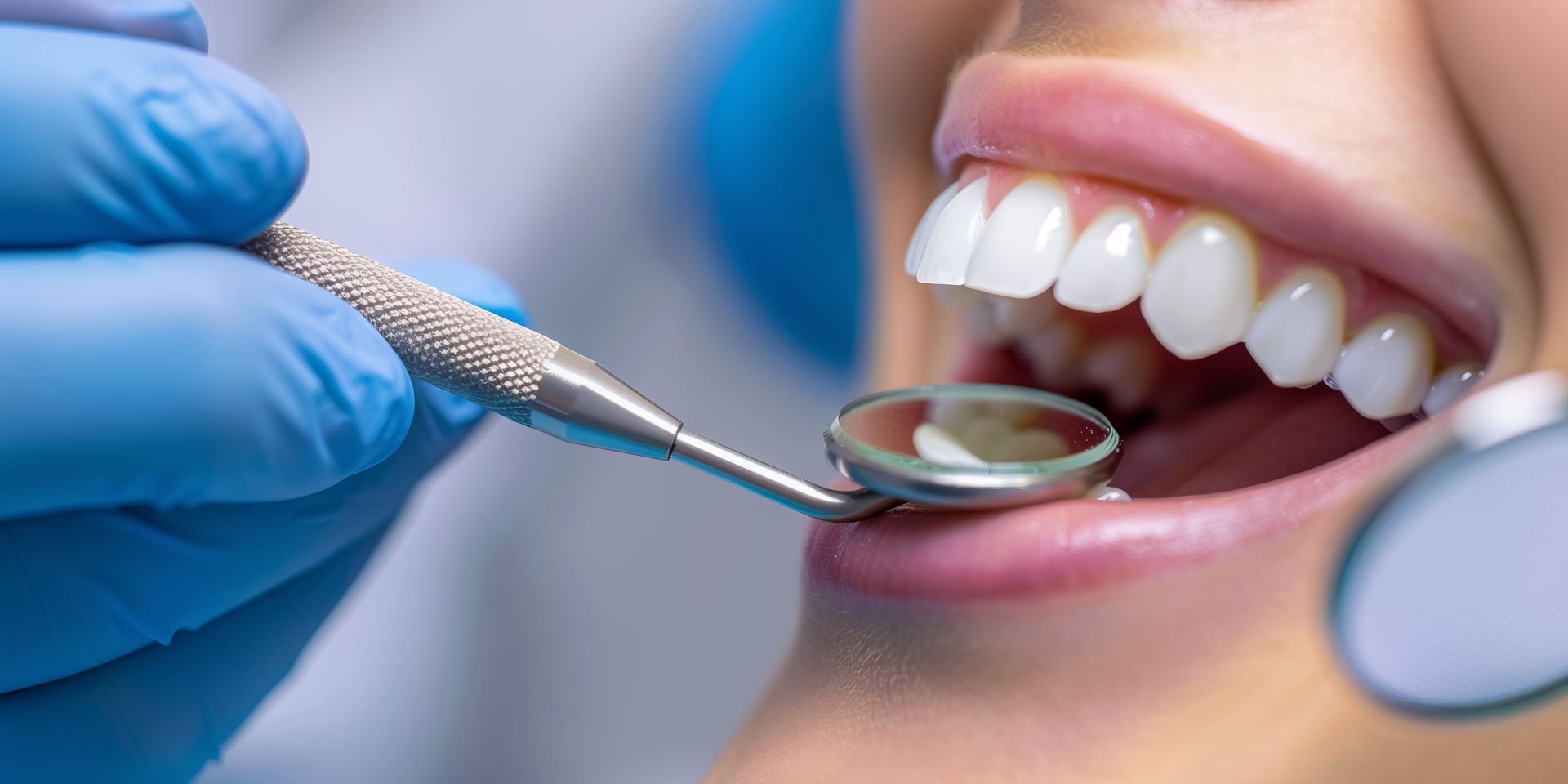 Dentist using a dental mirror to examine a patient’s open mouth and teeth