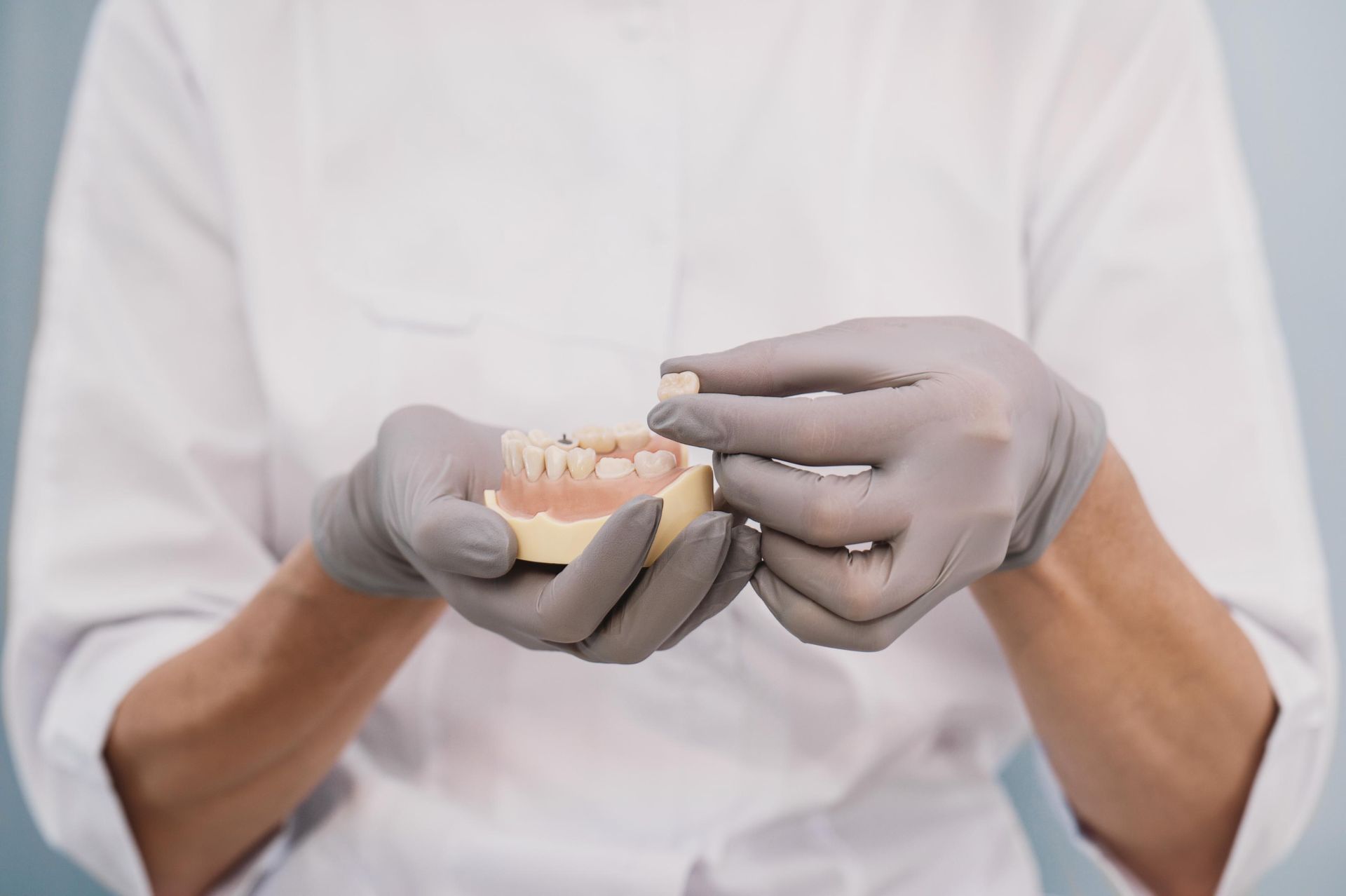 Gloved hands holding dental dentures on a white-clothed torso