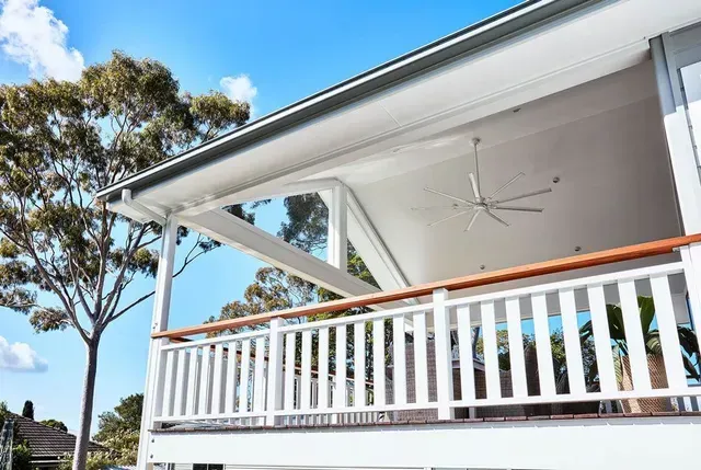 White Outdoor Deck With Railing, Wood Handrail, and Awning — George Pappas Painting In Buderim, QLD